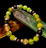 Green Agate & Black Onyx Stretch Bracelet — Handmade Natural Stone Bracelet with Silver Spacers for Large to XL Wrists (7.5"–8.5")