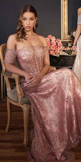 Ladivine J835 Floor Length Off the Shoulder A-line Glitter Print Gown