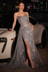Ladivine J872 Long Strapless Glitter Embellished Leg Slit Evening Gown