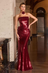 Ladivine J905 Sleek Strapless Sequin Side Illusion Modern Fitted Gown