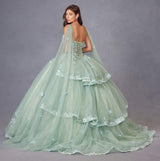 Juliet JT1466H Dress 3D Multi Floral Applique Cape Sleeve Quinceanera Gown