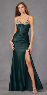 Juliet JT2434A Long V-Neck Embellished Corset Bodice Fitted Mermaid Gown