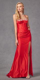Juliet JT2434A Long V-Neck Embellished Corset Bodice Fitted Mermaid Gown