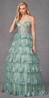 Juliet JT2454K Long Boned Bodice Tiered Layered Sequin Detail A-Line Gown