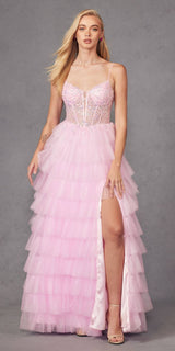 Juliet JT2458A Long Ruffle Tulle A-Line Ball Gown Bustier Bodice Thin Straps