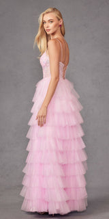 Juliet JT2458A Long Ruffle Tulle A-Line Ball Gown Bustier Bodice Thin Straps