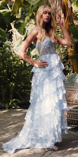 Juliet JT2463A Long Tiered Ruffled Skirt A-Line Boned Bodice Dress