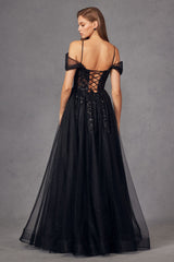 Juliet JT2466A Long Cold Shoulder Sweetheart Corset Bodice A-Line Gown