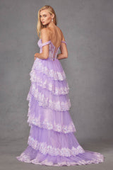 Juliet JT2467K Long Off the Shoulder Draped Sleeve A-Line Gown