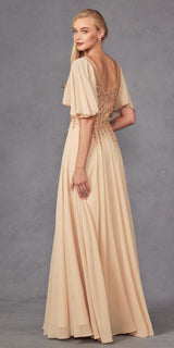 Juliet JTM14F Long A-Line Flutter Mid-Length Sleeve Evening Gown