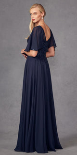 Juliet JTM14F Long A-Line Flutter Mid-Length Sleeve Evening Gown