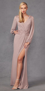 Juliet JTM16A Long Sleeve V-Neck Embroidered Applique Evening Gown