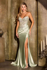 Ladivine KV1142 Sultry Fitted Strapless Crystal Embellished Thigh High Slit Gown