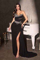 Ladivine KV1143 Sweetheart Beaded Bodice Strapless Leg Slit Formal Gown