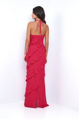 Remi Red Ruffle Detail Halter Neck Open Back Maxi Dress (Red) - treasures-4-u-2-day