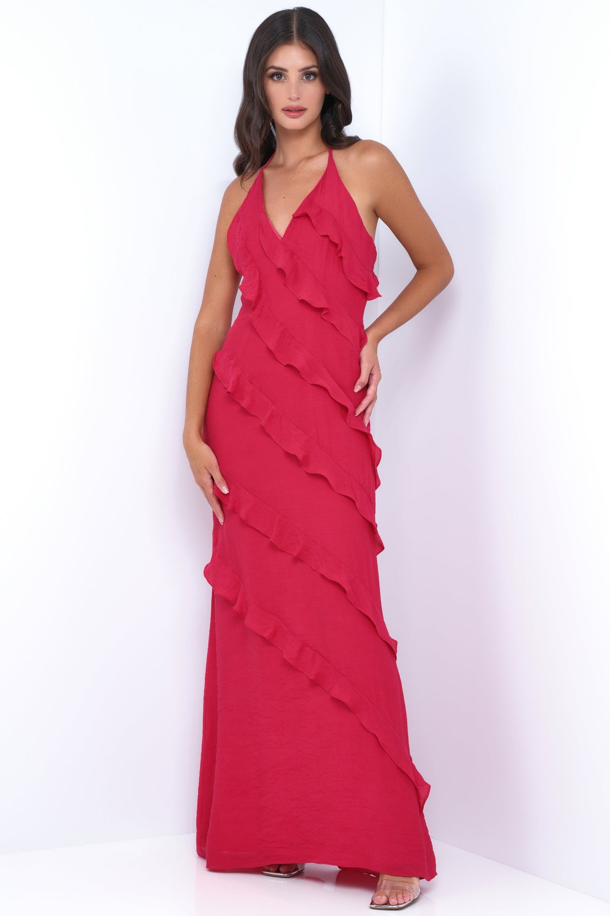 Remi Red Ruffle Detail Halter Neck Open Back Maxi Dress (Red)