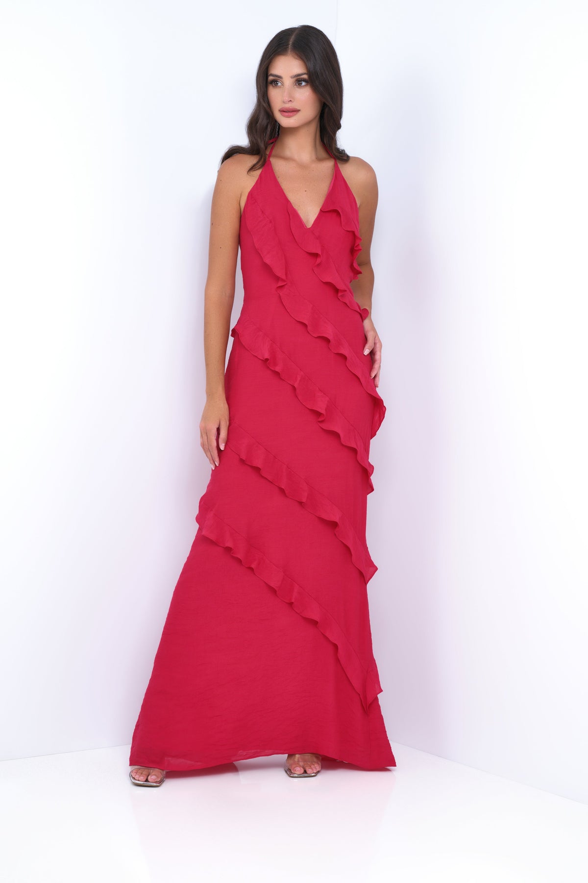 Remi Red Ruffle Detail Halter Neck Open Back Maxi Dress (Red)