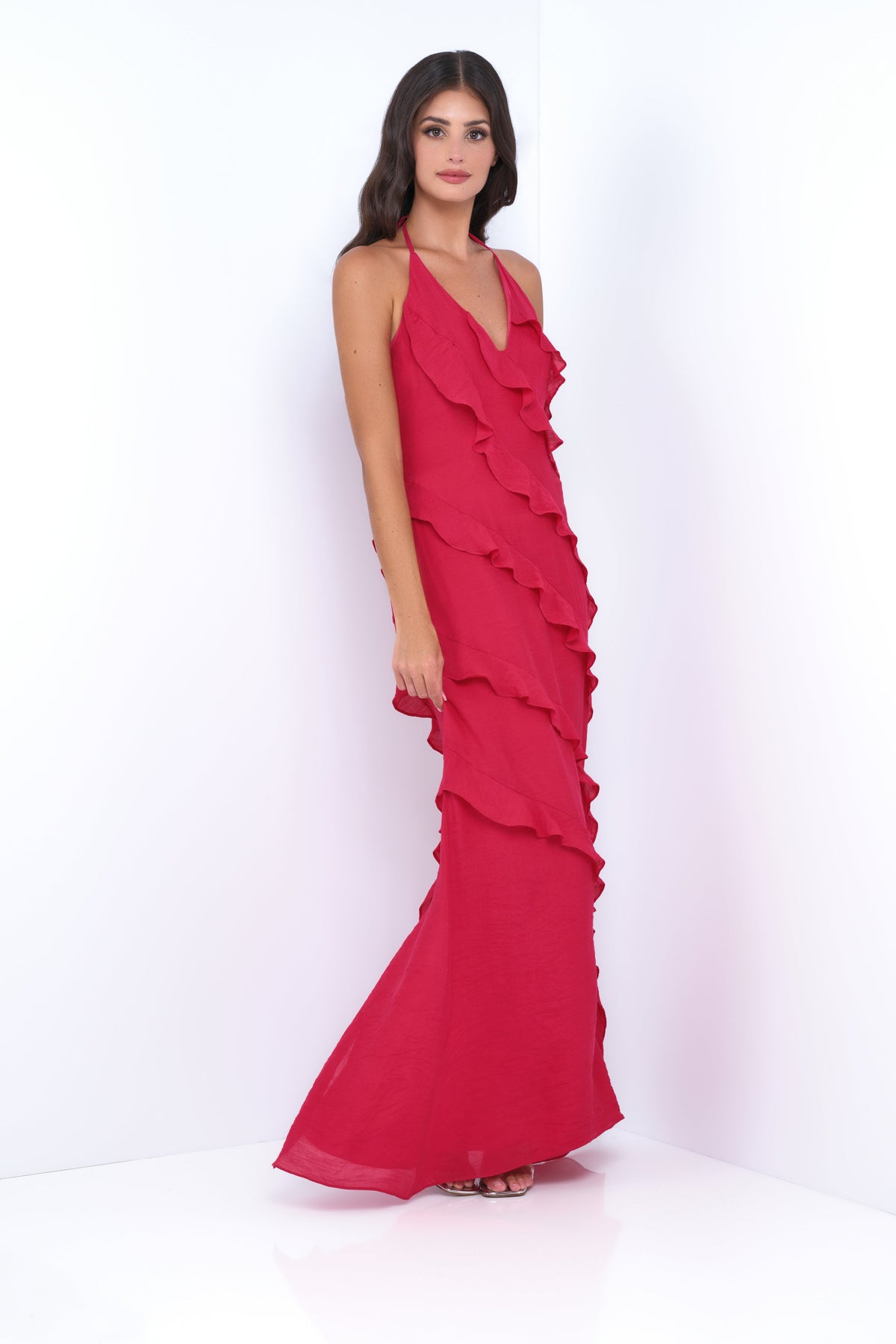 Remi Red Ruffle Detail Halter Neck Open Back Maxi Dress (Red)