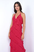 Remi Red Ruffle Detail Halter Neck Open Back Maxi Dress (Red)