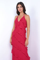 Remi Red Ruffle Detail Halter Neck Open Back Maxi Dress (Red) - treasures-4-u-2-day