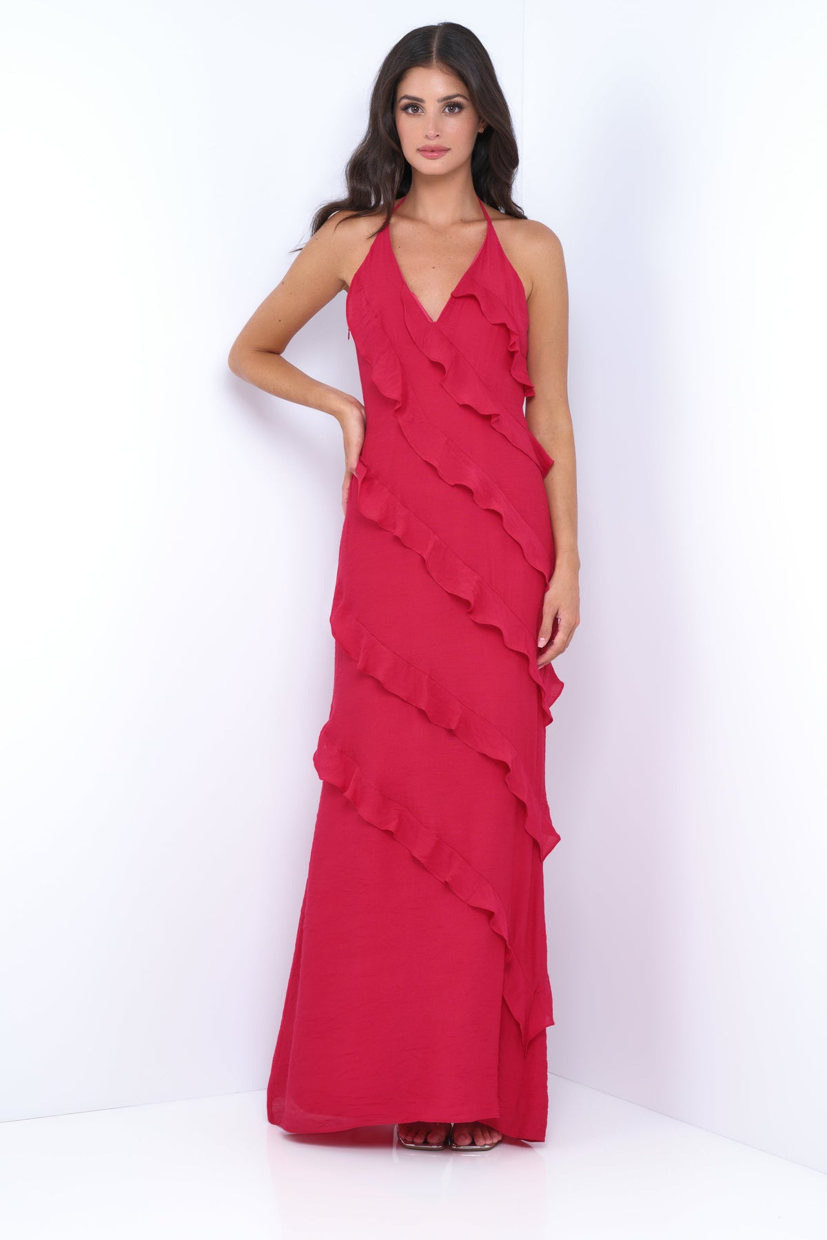 Remi Red Ruffle Detail Halter Neck Open Back Maxi Dress (Red)