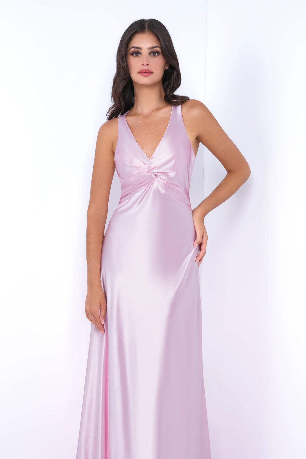 Odette Twist Detail Luxe Satin Fabric Maxi Dress (Pink)