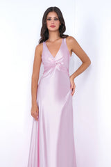 Odette Twist Detail Luxe Satin Fabric Maxi Dress (Pink) - treasures-4-u-2-day