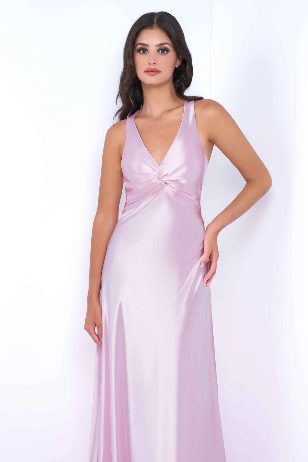 Odette Twist Detail Luxe Satin Fabric Maxi Dress (Pink)