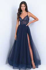 The Dani A-Line Sheer Bralette-Style Lace Bodice Gown (Navy) - treasures-4-u-2-day