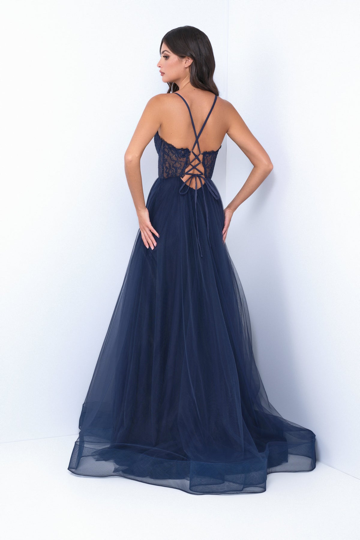The Dani A-Line Sheer Bralette-Style Lace Bodice Gown (Navy)