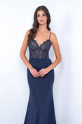 Misha Lace Bralette Scalloped Edge Eyelash Lace Gown (Navy)