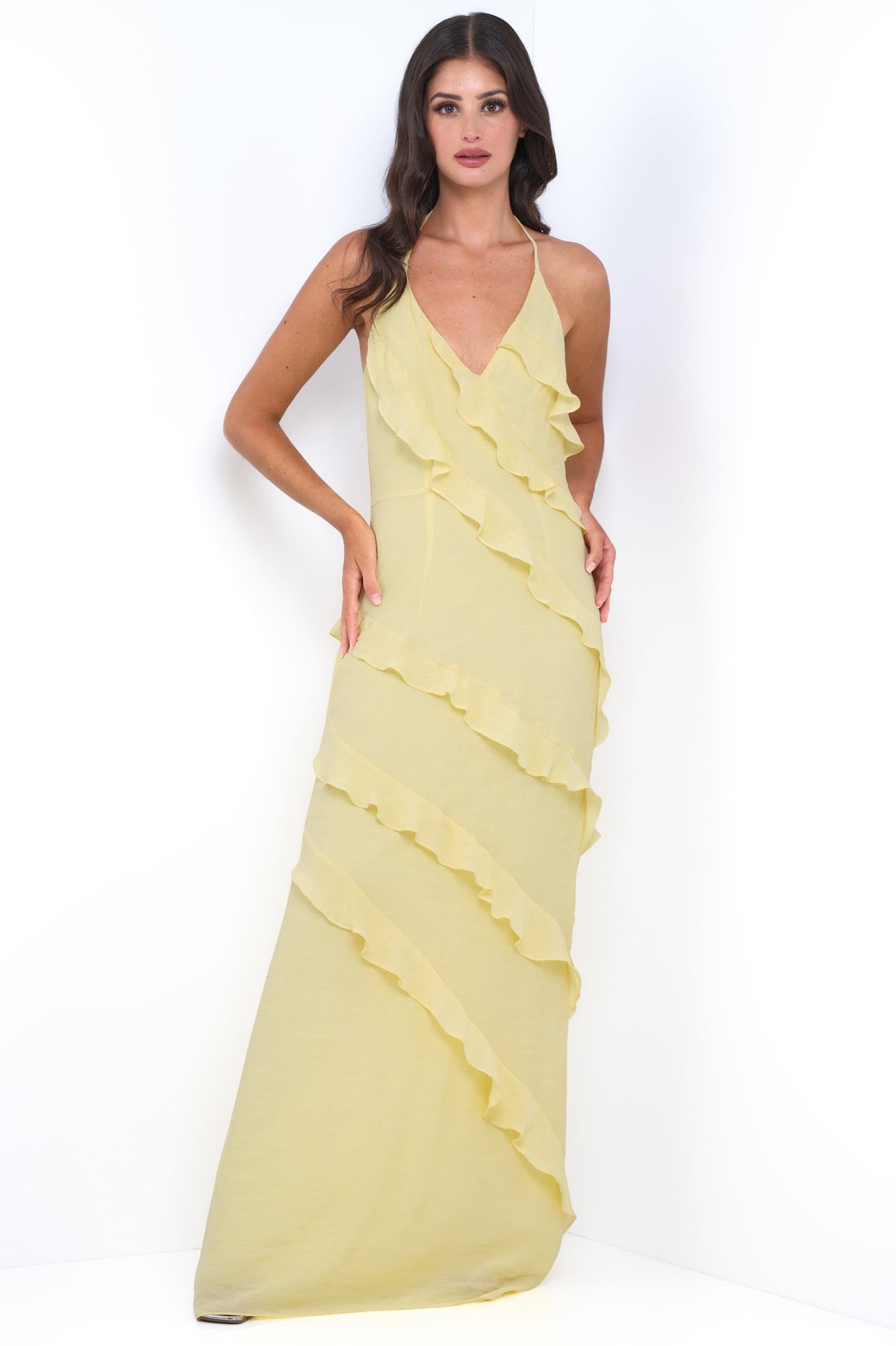 Remi Halter Neck Open Back Ruffle Detail Maxi Dress (Yellow)