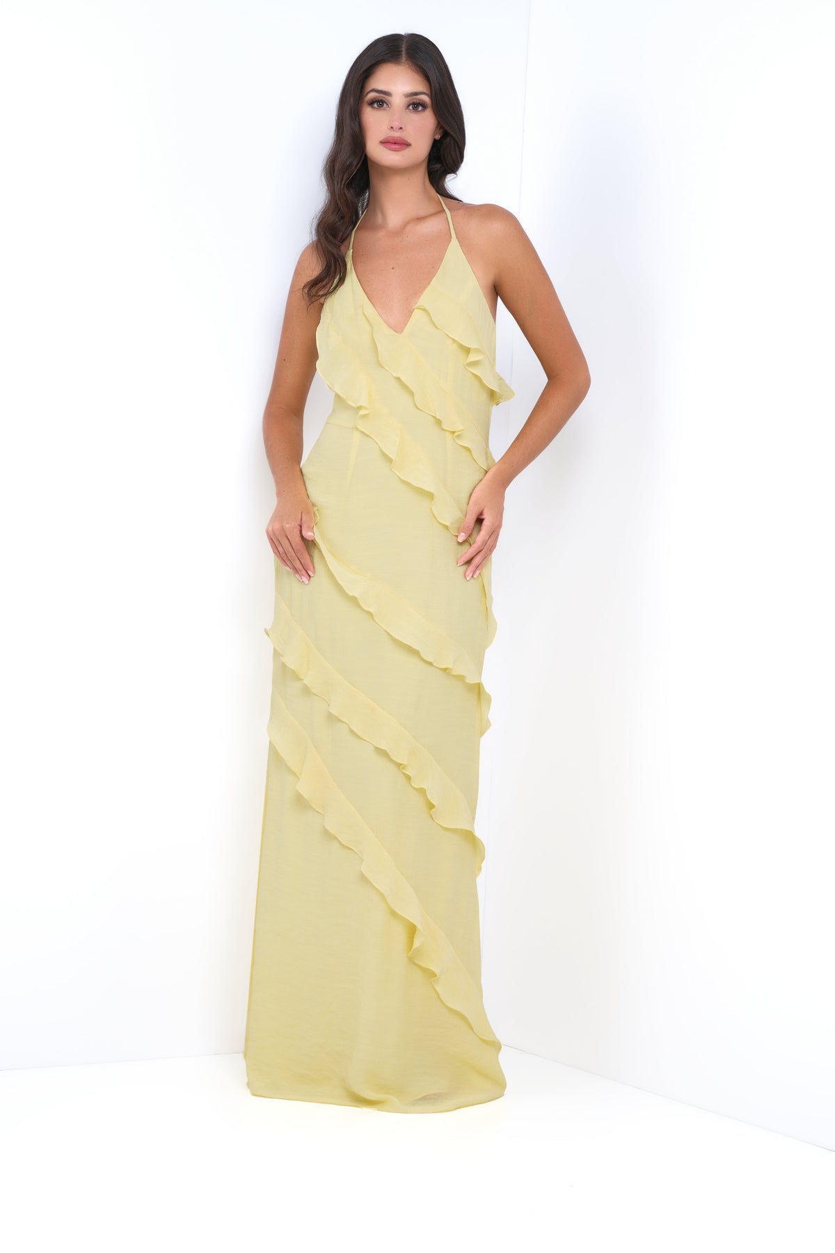 Remi Halter Neck Open Back Ruffle Detail Maxi Dress (Yellow)
