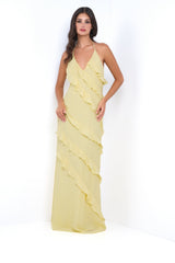 Remi Halter Neck Open Back Ruffle Detail Maxi Dress (Yellow) - treasures-4-u-2-day