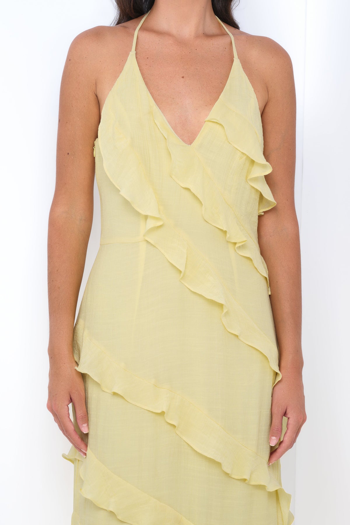 Remi Halter Neck Open Back Ruffle Detail Maxi Dress (Yellow)