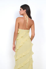 Remi Halter Neck Open Back Ruffle Detail Maxi Dress (Yellow) - treasures-4-u-2-day