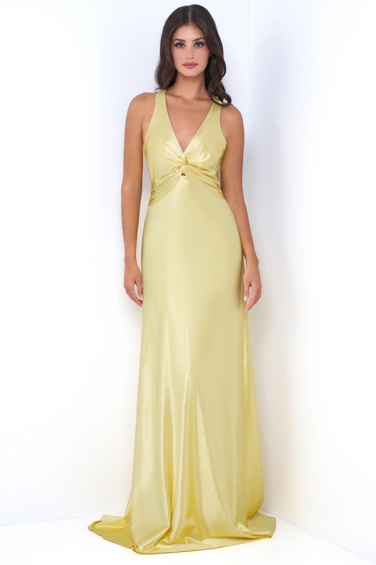 Odette Luxe Satin V-Neckline Formal Wear Maxi Dress (Yellow)