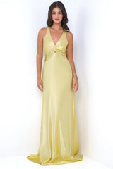 Odette Luxe Satin V-Neckline Formal Wear Maxi Dress (Yellow) - treasures-4-u-2-day