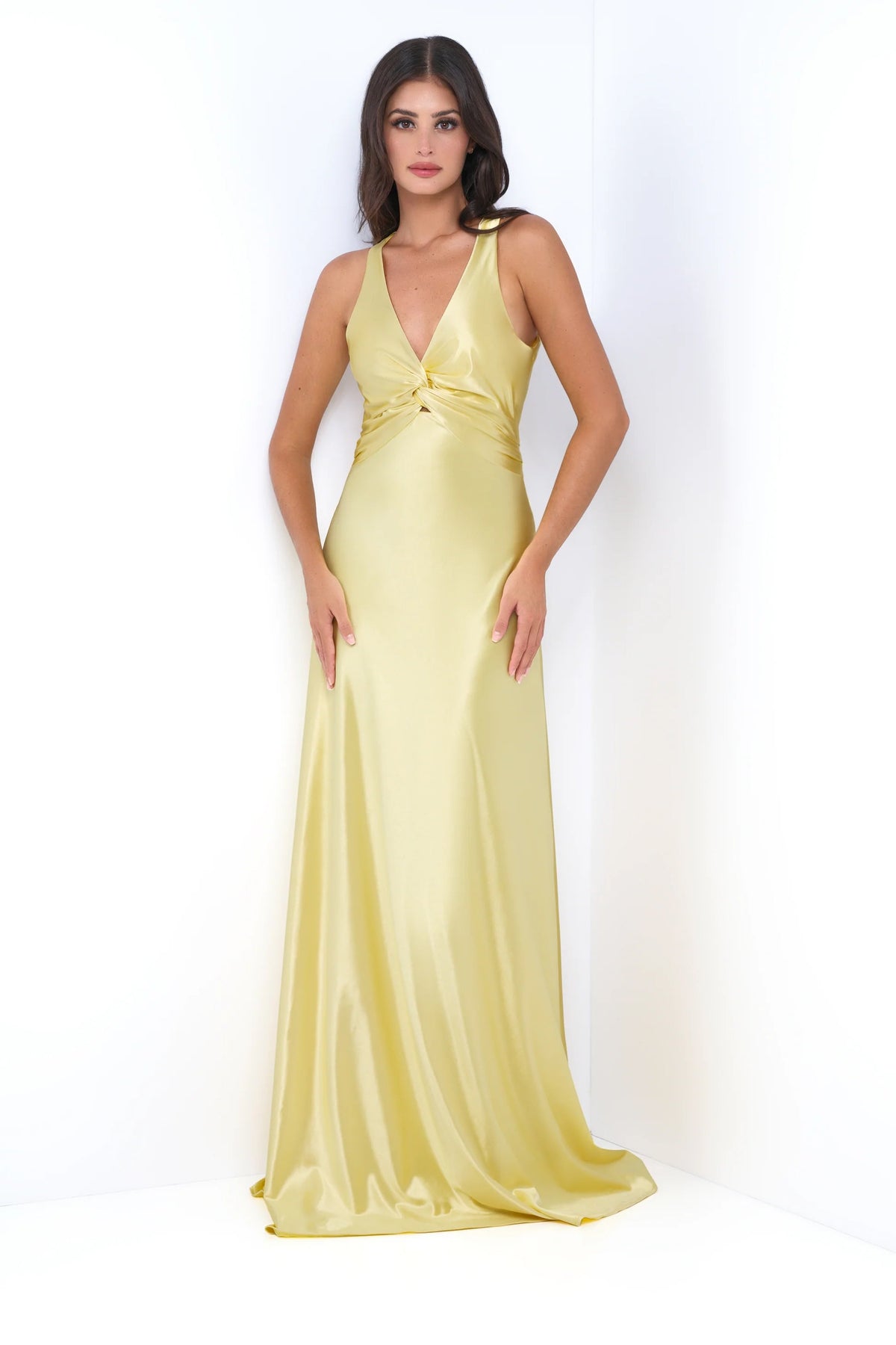 Odette Luxe Satin V-Neckline Formal Wear Maxi Dress (Yellow)