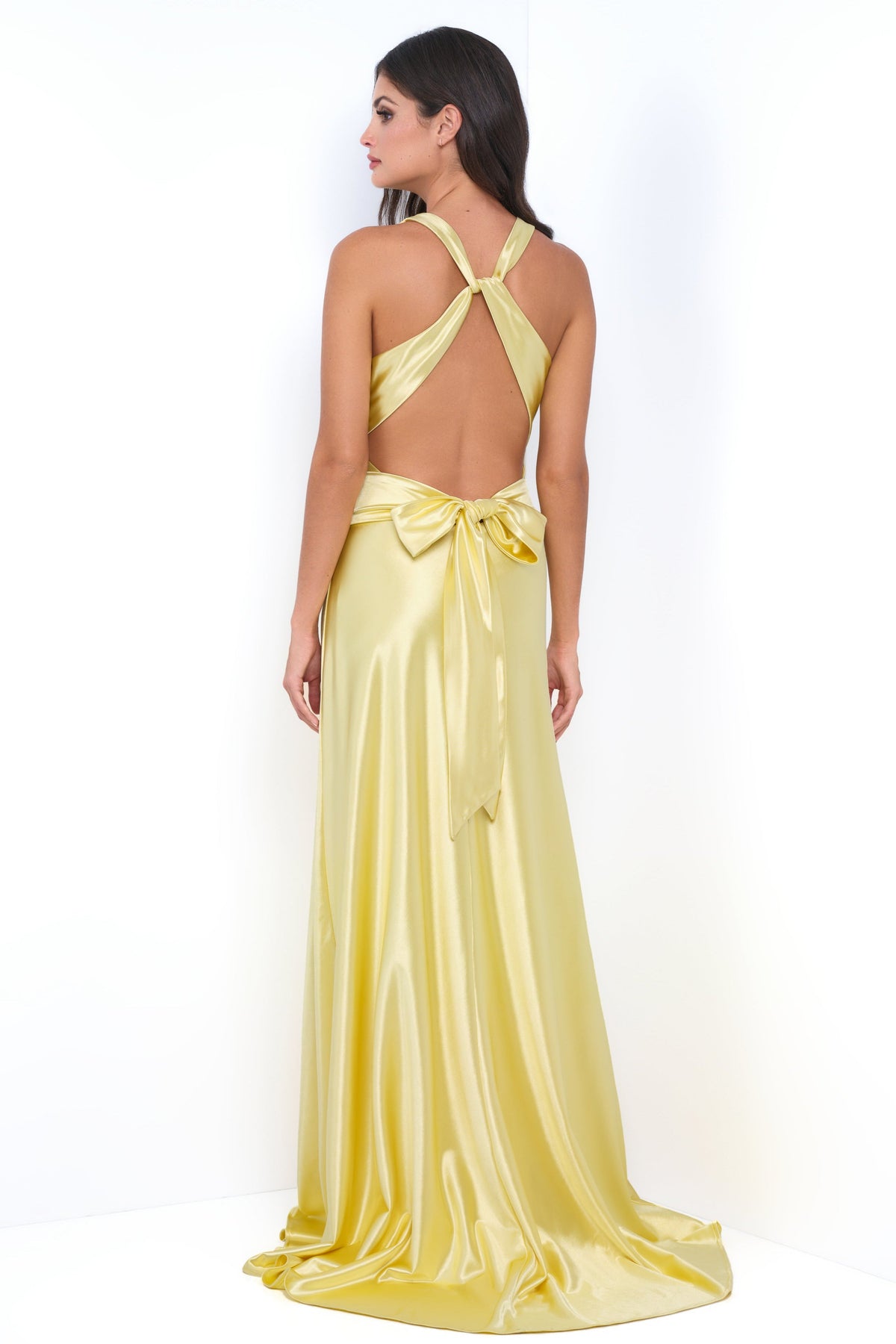 Odette Luxe Satin V-Neckline Formal Wear Maxi Dress (Yellow)