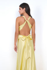 Odette Luxe Satin V-Neckline Formal Wear Maxi Dress (Yellow) - treasures-4-u-2-day