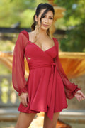 The Vera Two Way Long Puff Sleeve Mini Dress (Deep Red)