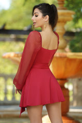 The Vera Two Way Long Puff Sleeve Mini Dress (Deep Red) - treasures-4-u-2-day