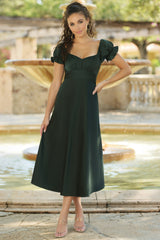 Maldives Puff Sleeve Ruched Detail Midi Dress (Hunter Green) - treasures-4-u-2-day