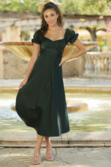 Maldives Puff Sleeve Ruched Detail Midi Dress (Hunter Green) - treasures-4-u-2-day
