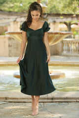 Maldives Puff Sleeve Ruched Detail Midi Dress (Hunter Green) - treasures-4-u-2-day