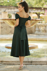 Maldives Puff Sleeve Ruched Detail Midi Dress (Hunter Green) - treasures-4-u-2-day