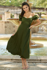 Maldives Puff Sleeve Ruched Detail Midi Dress (Olive Grn) - treasures-4-u-2-day