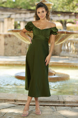 Maldives Puff Sleeve Ruched Detail Midi Dress (Olive Grn) - treasures-4-u-2-day