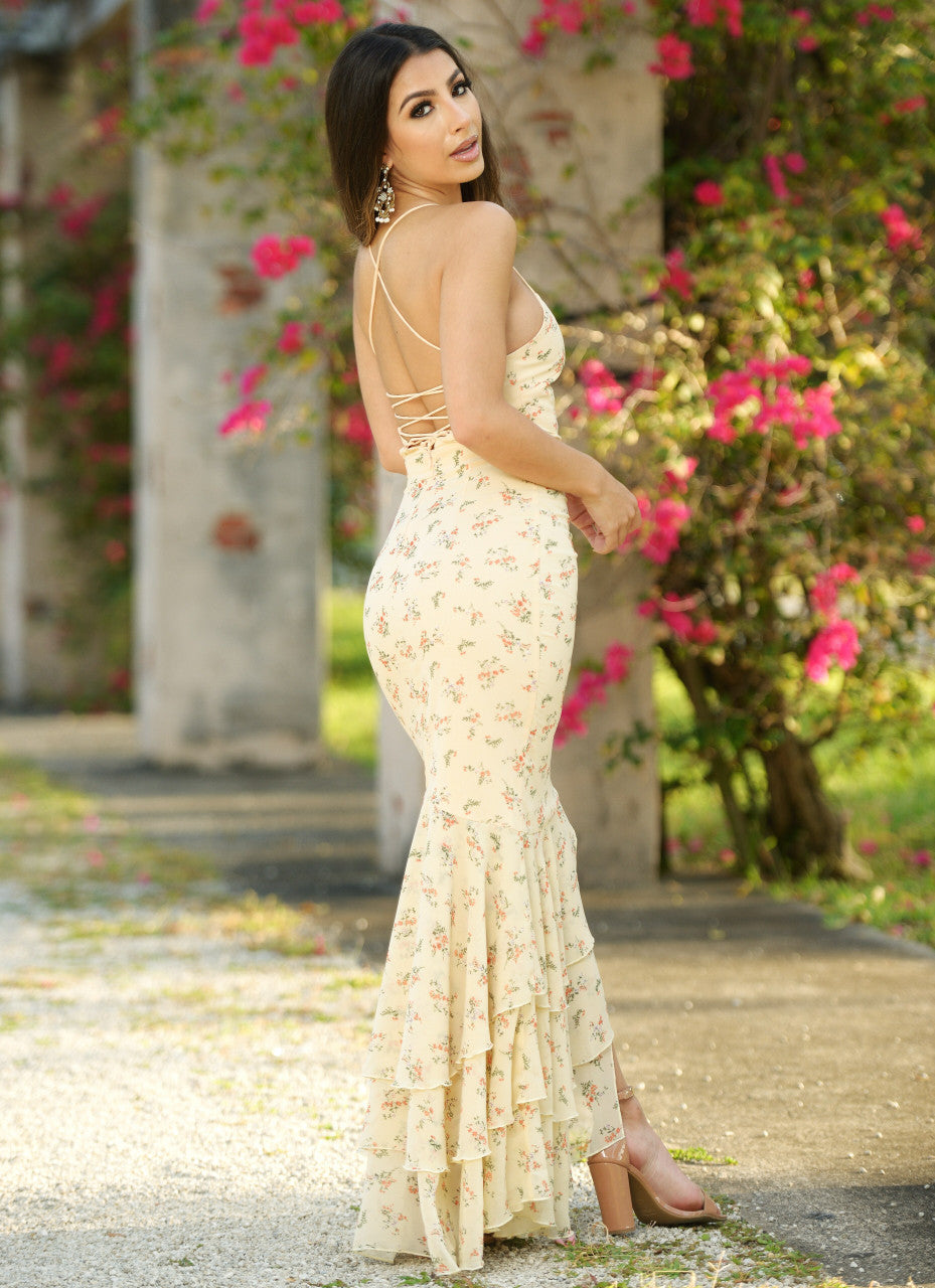 Greta Floral Mix Slit Detail Lace Up Maxi Gown (Yellow)